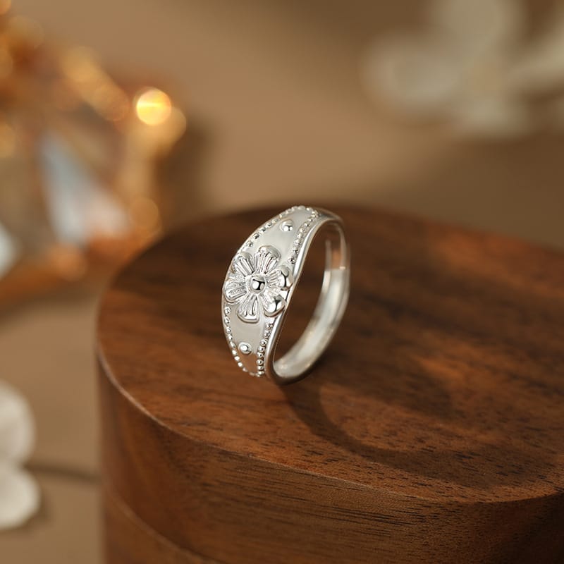 S999 Silver Plum Blossom Ring Artistic Retro Simple Gentle Small Fresh Unique Adjustable Hand Decoration