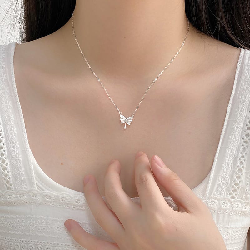 Po S999 Silver Bow Water Drop Necklace Light Luxury High Design Fresh Sweet Clavicle Chain for Hair