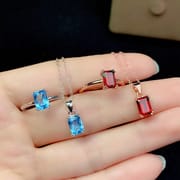 New Natural Blue Toppa Set 925 Silver Inlaid Sapphire Gem Clean Gift for Girlfriend