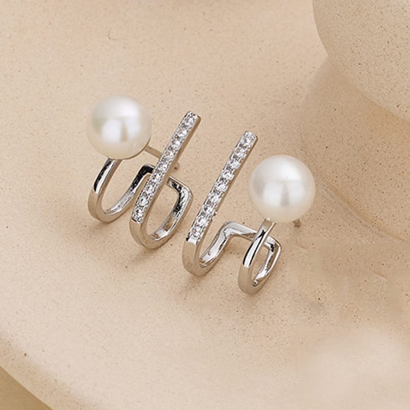 Natural Freshwater Pearl Earrings U-shaped H Letter Geometric Line Rai Diamond Pearl DingTalk Light Luxury Niche Elegant Earrings