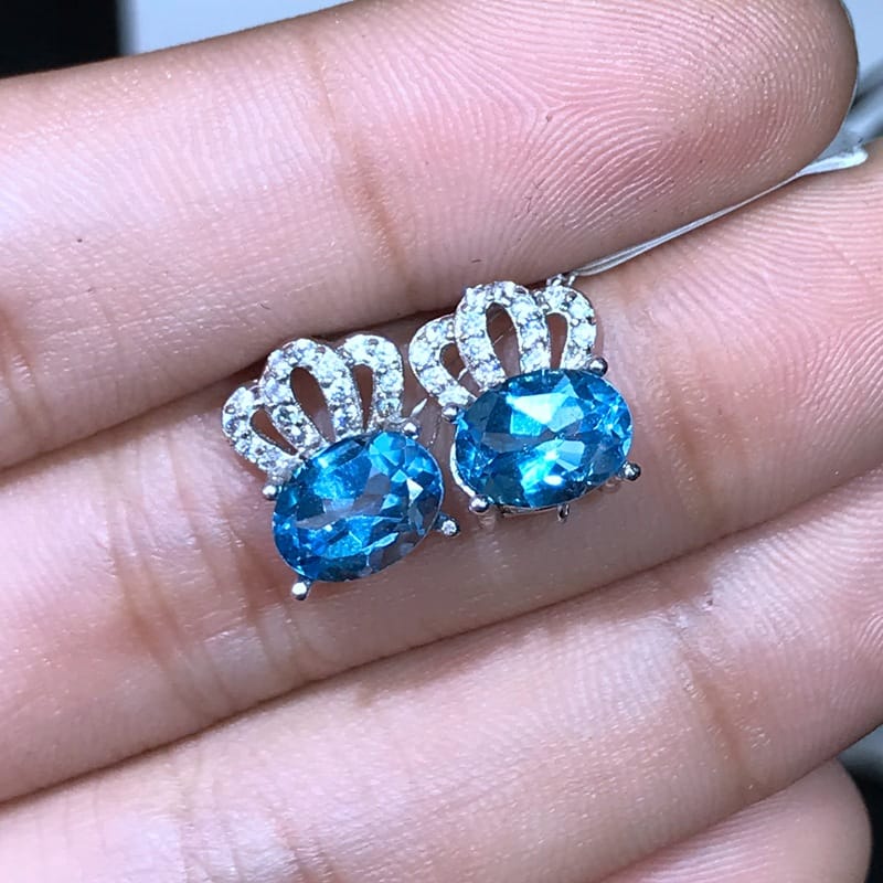 Luxury Stud Earrings Natural Swiss Blue Topaz 925 Sterling Silver Single Grain 2 Karat Wholesale
