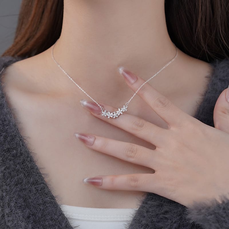 Po S999 Silver Flower Necklace Light Luxury Artistic Elegant All-match High-end Autumn and Winter New Sweater Chain for Hair