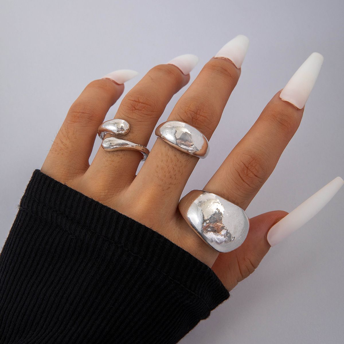 Europe and the United States cross-border geometric metal wind lava line ring four-piece irregular smooth opening ring suit