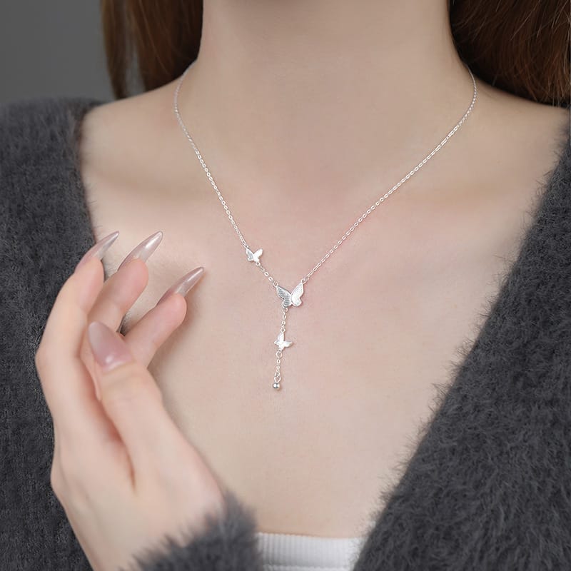 Po S999 Foot Silver Exquisite Butterfly Round Bead Tassel Necklace Women's Light Luxury Sweet High-end Clavicle Chain for Hair