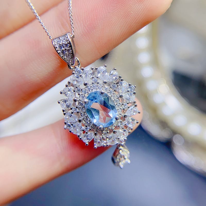 European and American natural topaz pendant 6 * 8mm women's pendant clavicle chain necklace 925 silver wholesale