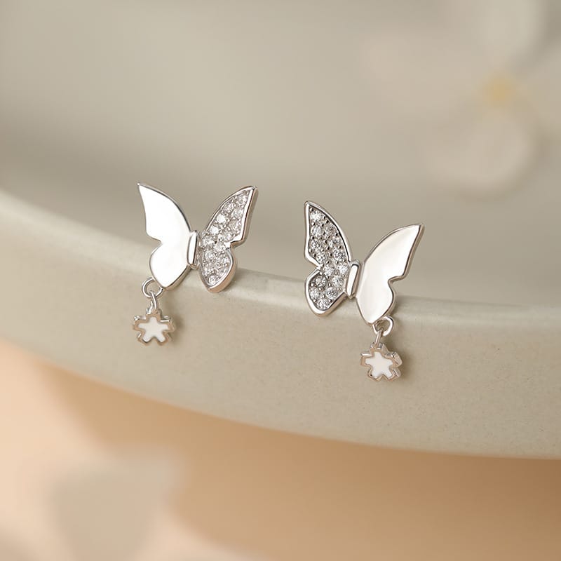 Po S999 Foot Silver Exquisite Butterfly Zircon Flower Earrings Women's Light Luxury High-end Design Sense Elegant Earrings for Hair