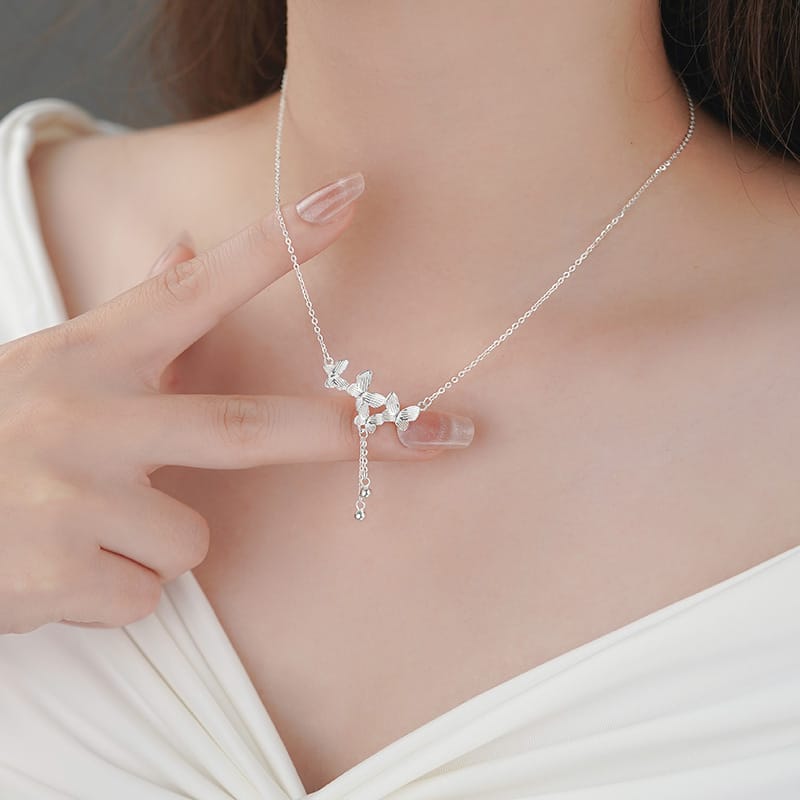 Po S999 Silver Exquisite Butterfly Necklace Women's Trendy Light Luxury Niche Design Sense Advanced Sense Clavicle Chain for Hair