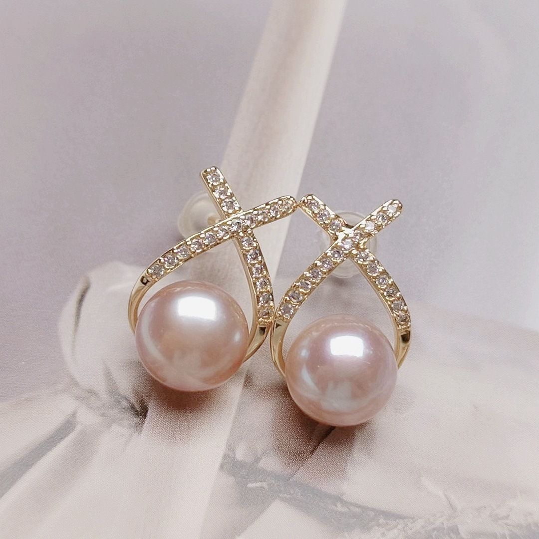 Letter X Freshwater Pearl Earrings Women's Popular Lines Fashion Modeling Earrings Niche Design Light Luxury Earrings Silver Pin