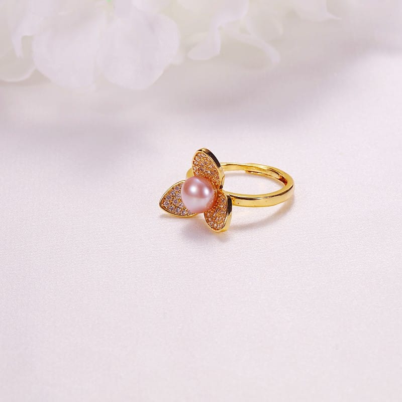 Pearl Jewelry Opening Adjustable Ring Real Gold Electroplated Micro-inlaid Zircon Freshwater Pearl Ring
