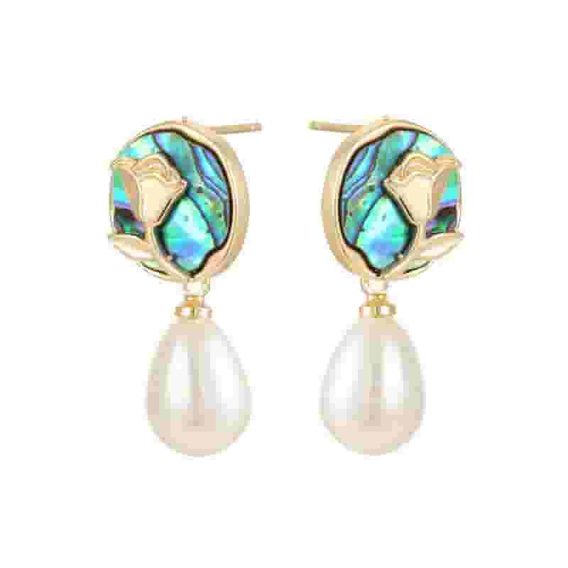 S925 Silver Needle Natural Pearl Geometric Earrings Light Luxury High-end Color Shell Rose Pearl Earrings New Style