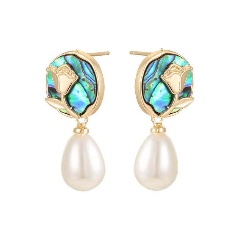 S925 Silver Needle Natural Pearl Geometric Earrings Light Luxury High-end Color Shell Rose Pearl Earrings New Style
