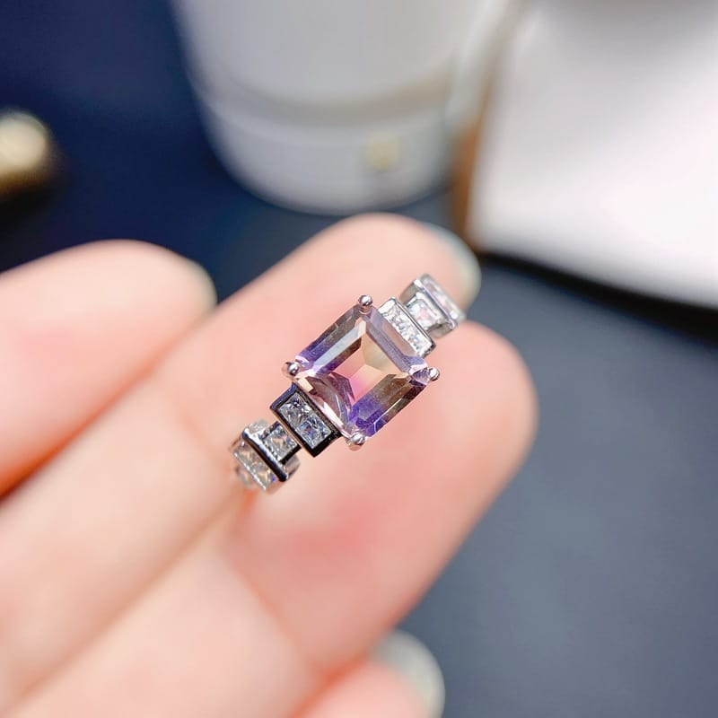 Natural Amethyst Ring Half Purple and Half Yellow Color Fresh 925 Silver Design 