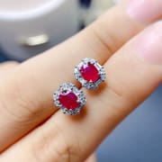 Ruby stud earrings 925 silver women's natural old burning gem has been tested one-piece delivery overseas supply batch