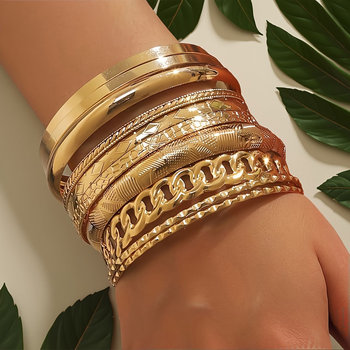 European and American fashion new personality fashion embossed twist geometric multi-layer stacked bracelet 10-piece set of decorations wholesale