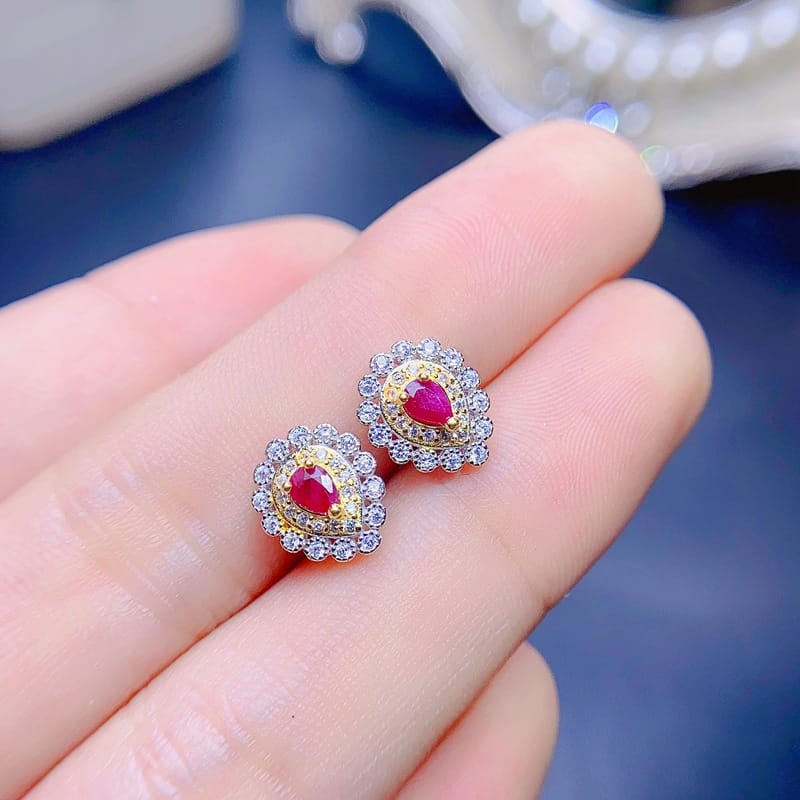 Natural old baked ruby earrings 925 silver inlaid live supply bright colors to support national inspection