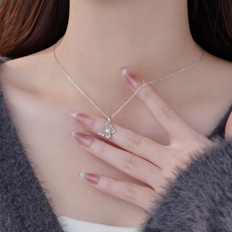 Po S999 Foot Silver Hollow Butterfly Necklace Niche Design Sweet and Elegant Mori High-grade Clavicle Chain for Hair