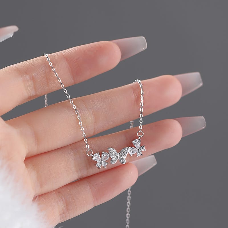 Po S999 Foot Silver Three Butterfly Necklace Small Fresh Artistic Sweet Temperament Mori Girl Clavicle Chain Generation Hair