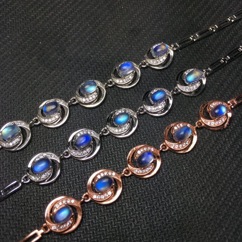 Natural blue Moonstone bracelet 925 sterling silver inlaid craft vitreous blue moonlight