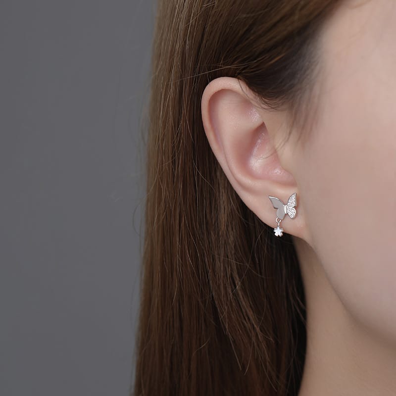 Po S999 Foot Silver Exquisite Butterfly Zircon Flower Earrings Women's Light Luxury High-end Design Sense Elegant Earrings for Hair