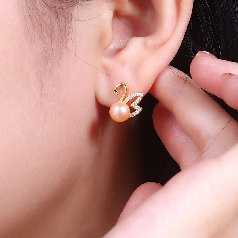 Natural Freshwater Pearl Earrings Swan Micro Set Zircon Classic Ear Studs Elegant Light Luxury Niche Earrings New Women