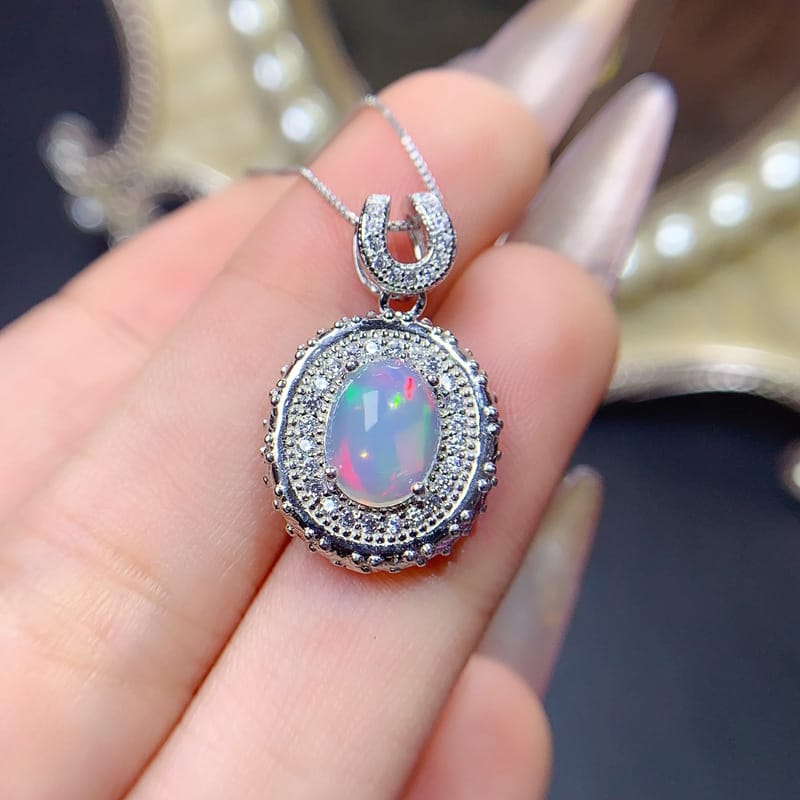 Natural 9*7mm Opal Pendant 925 Silver Gold Plated Fire Color Flash Fashion Personality Color Treasure Wholesale {Without Chain}