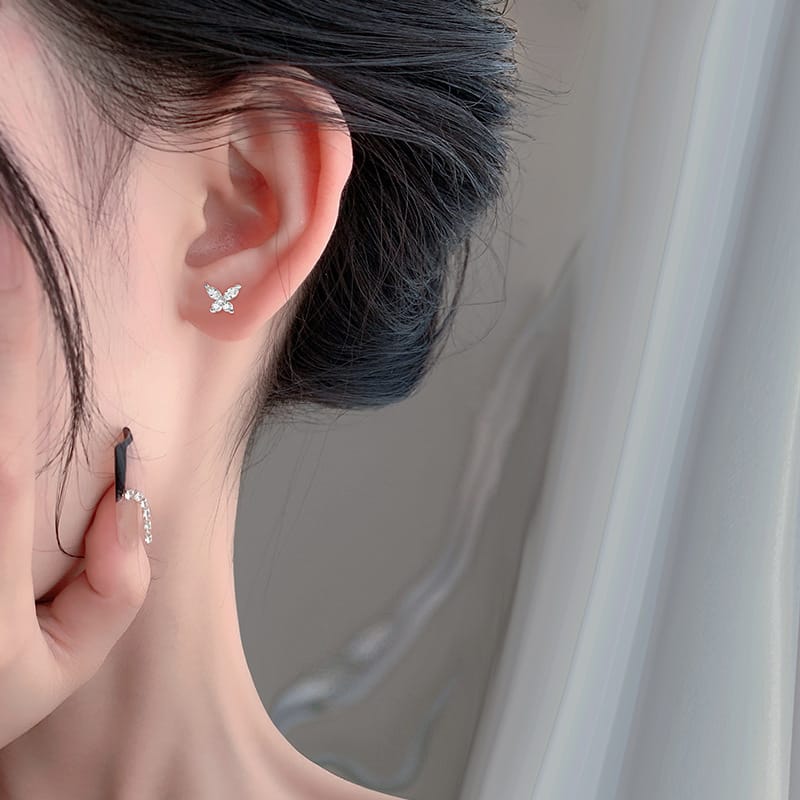 Bao S999 pure silver sweet cute shiny zircon butterfly earrings mini earrings ear piercing temperament gentle style