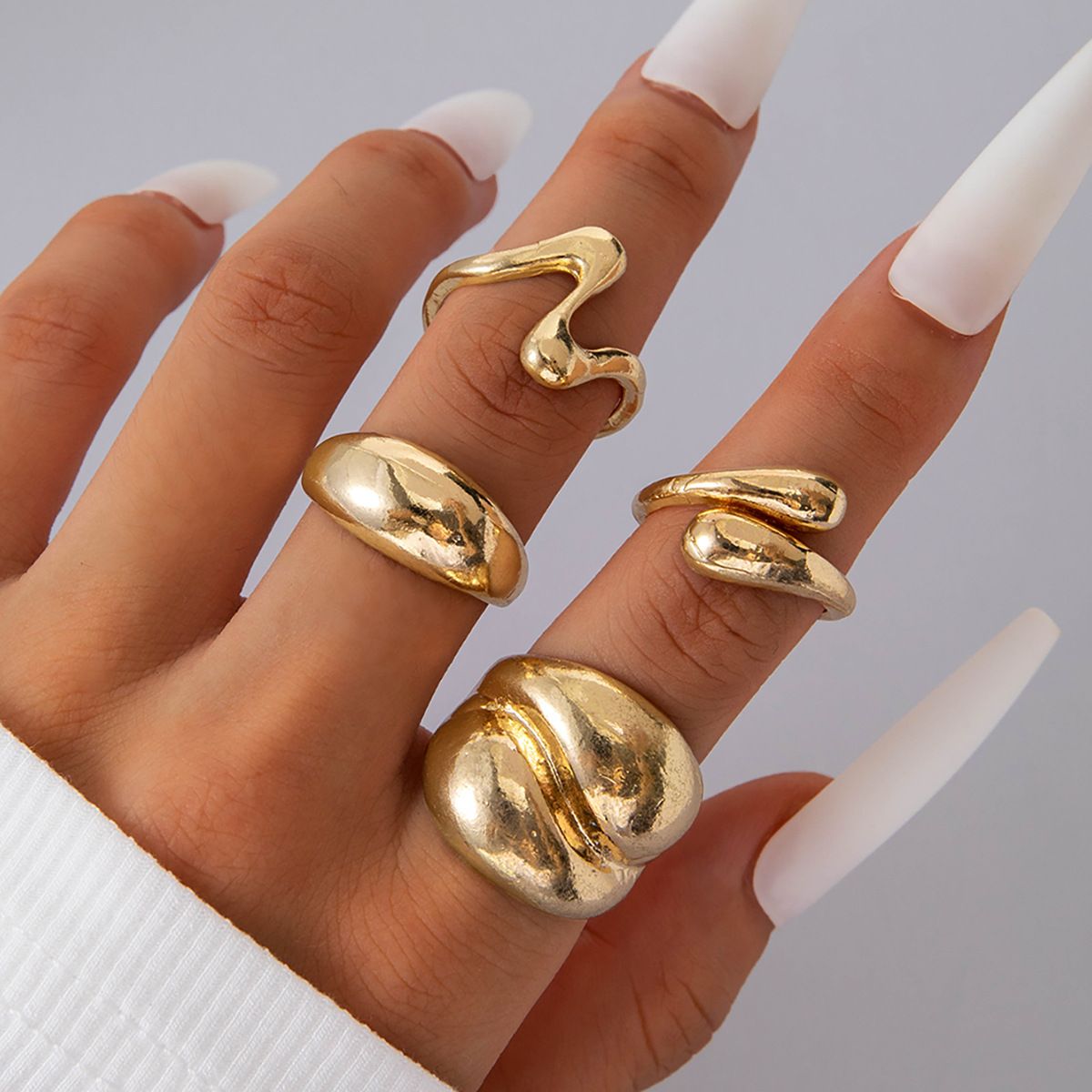 Europe and the United States cross-border geometric metal wind lava line ring four-piece irregular smooth opening ring suit