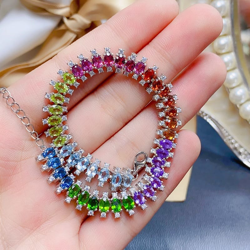 Duobao bracelet natural olivine Garnet diopside yellow crystal amethyst Topaz 925 silver wholesale