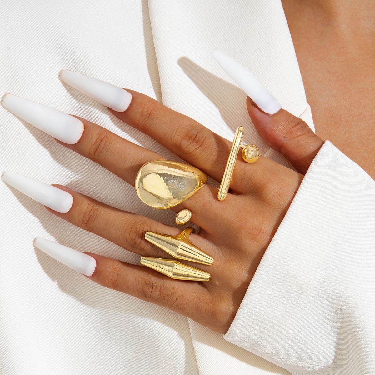 Europe and the United States cross-border geometric metal wind lava line ring four-piece irregular smooth opening ring suit