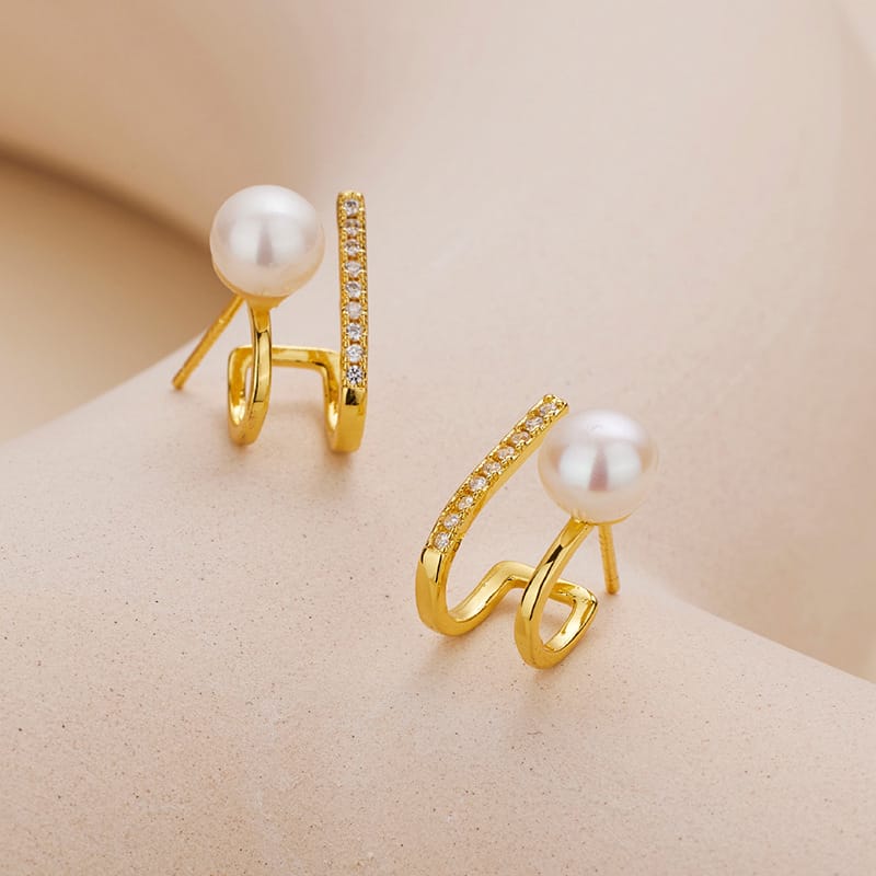 Natural Freshwater Pearl Earrings U-shaped H Letter Geometric Line Rai Diamond Pearl DingTalk Light Luxury Niche Elegant Earrings