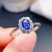 Classic natural sapphire ring female ring 925 silver open mouth 6 * 4mm open mouth beauty ring TikTok exclusive