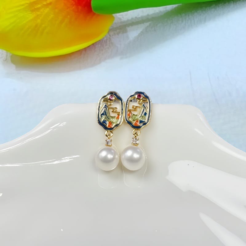 Natural Freshwater Pearl Earrings New Chinese Style Landscape Painting Pearl Earrings National Tide Delicate Earrings New Earrings