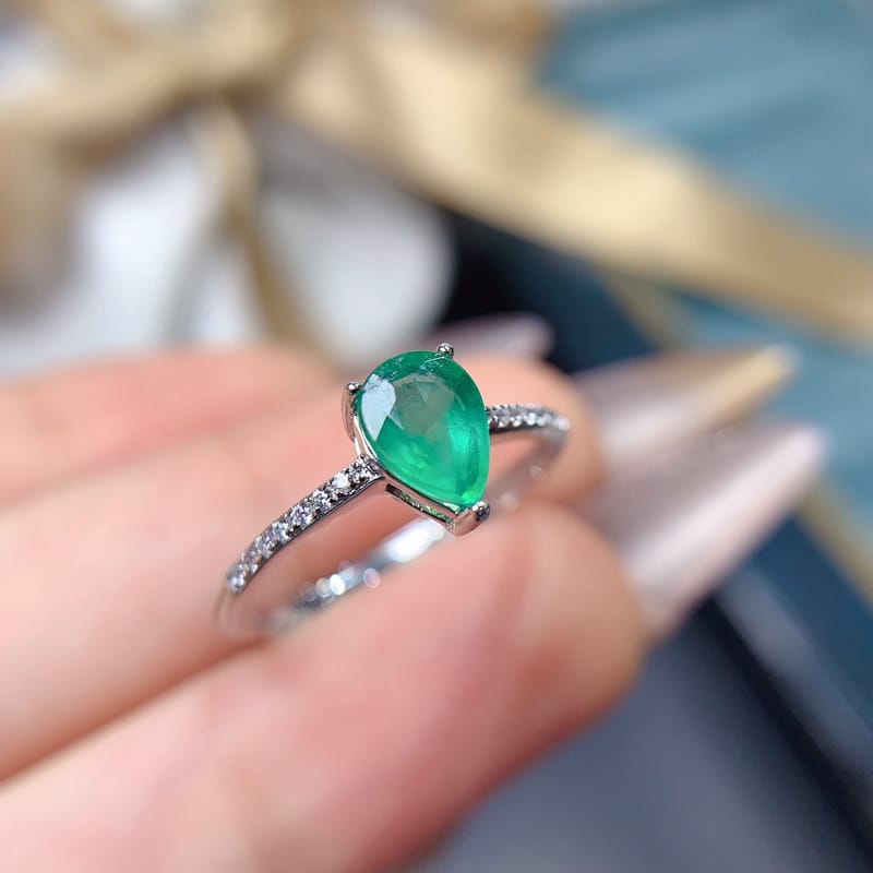 Simple pear cut natural emerald drops 5*7mm ladies ring exquisite women's ring 925 silver color green