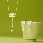 Po S999 Foot Silver New Lotus Tassel Necklace Women's Retro Chinese Style Lotus Pendant Hair Elegant