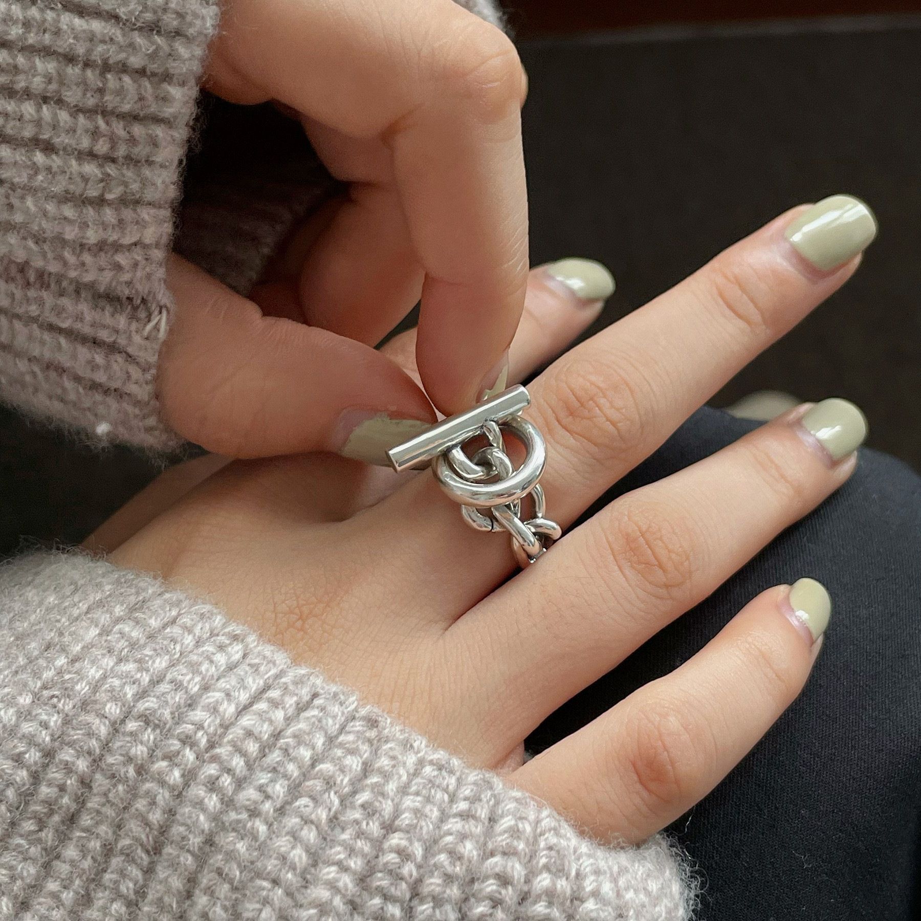 Korean Style S925 Silver Plated Distinctive Ring Multi-layer Ring Women's Retro Fashion Ot Buckle Chain Opening Finger Ring Food Finger Ring