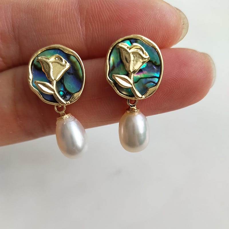 S925 Silver Needle Natural Pearl Geometric Earrings Light Luxury High-end Color Shell Rose Pearl Earrings New Style