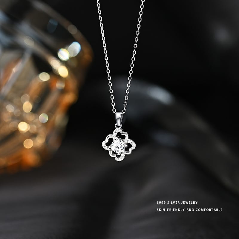 S999 pure silver diamond four-leaf clover necklace light luxury high-grade exquisite clavicle chain fashion commuter daily style