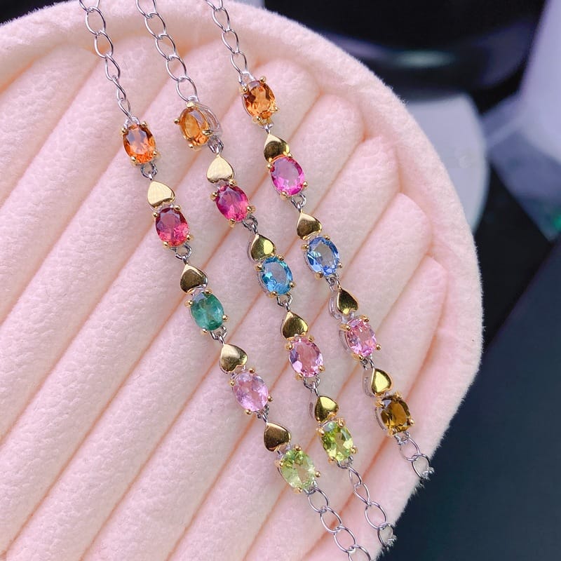 925 Silver Ladies Bracelet Natural Tourmaline Color Treasure 