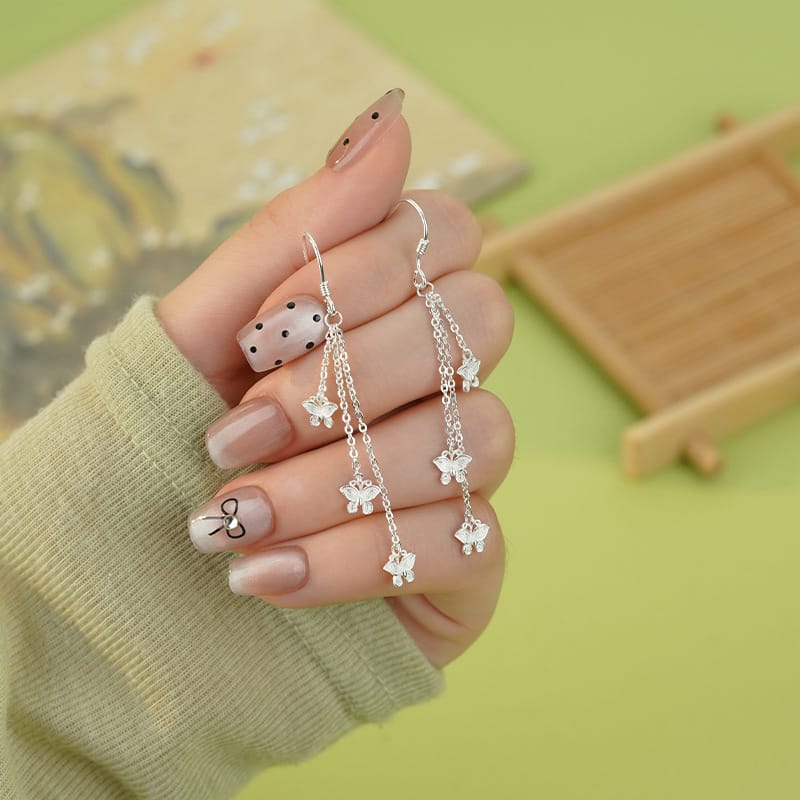 S999 Pure Silver Niche Three Butterflies Tassel Earrings Design Sense Fresh Sweet Style Elegant Earrings 