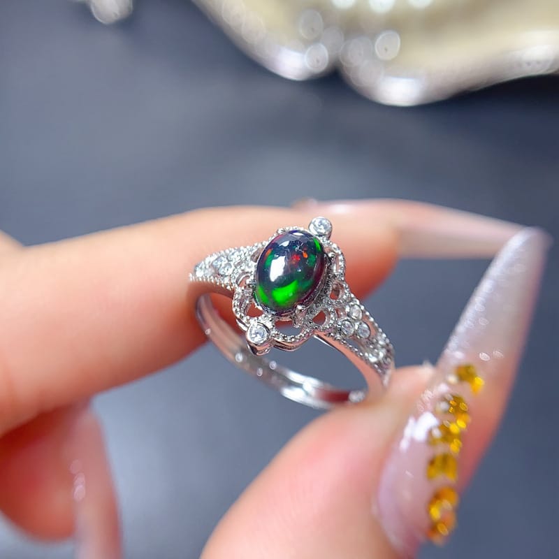 Light luxury natural black opal ring wholesale 5*7mm fire color good manufacturing 925 silver live mouth ring