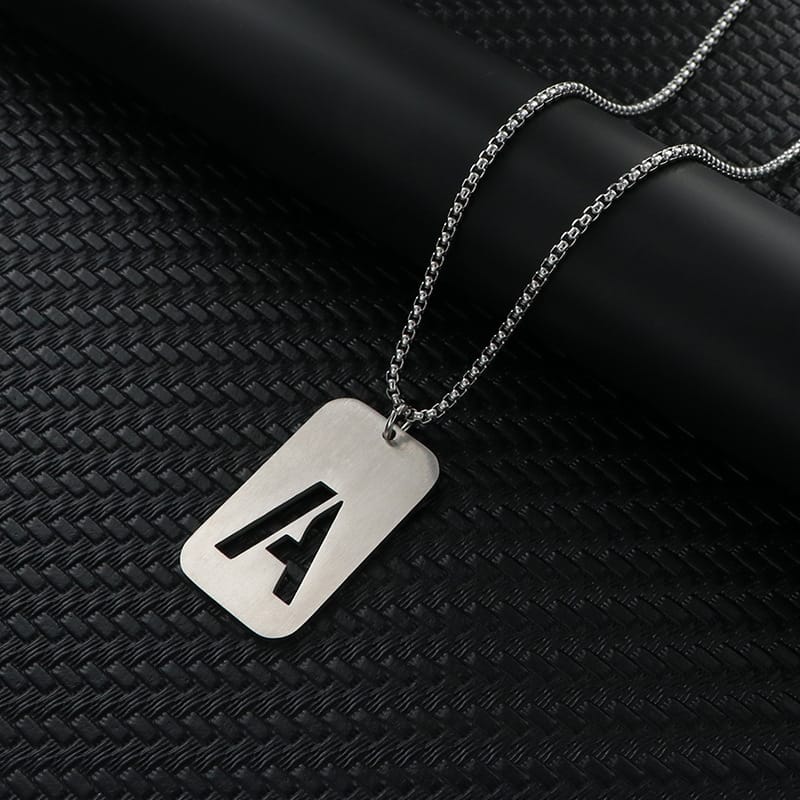 Alphabet Hollow Necklace Men's Trendy Hip-Hop Woolen Chain Accessories Rectangular Gloss Military Brand Pendant Women's Stainless Steel Pendant