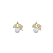 Natural Freshwater Pearl Earrings French Simple Light Luxury Earrings Leaves with Zircon Pearl Earrings Niche Design for Women