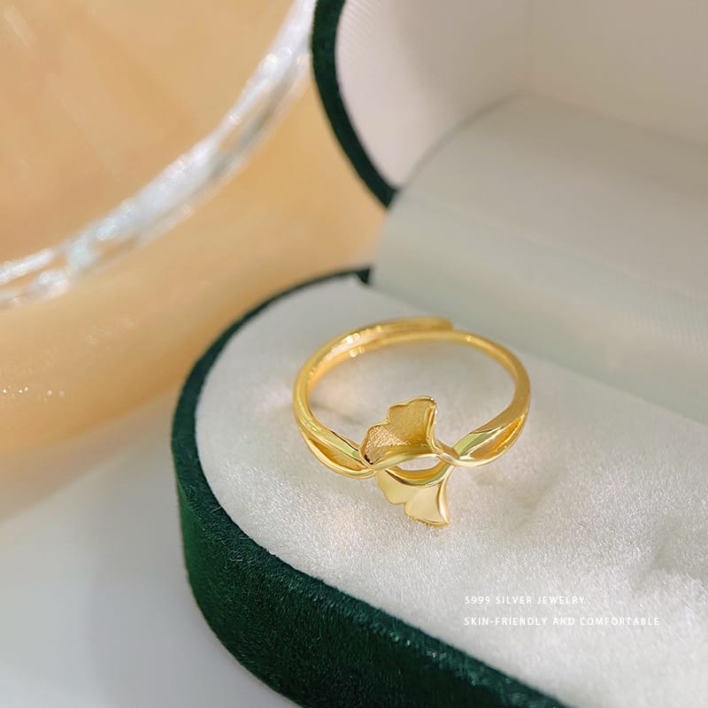 Aobao S999 pure silver elegant apricot leaf ring female autumn and winter atmosphere sense high sense adjustable ring generation hair