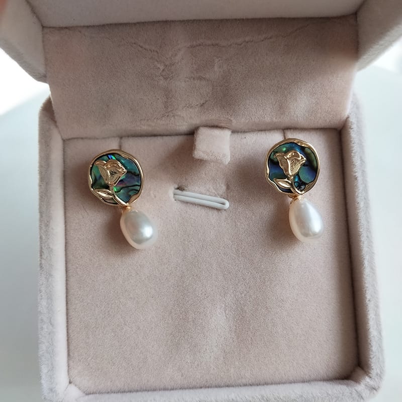 S925 Silver Needle Natural Pearl Geometric Earrings Light Luxury High-end Color Shell Rose Pearl Earrings New Style