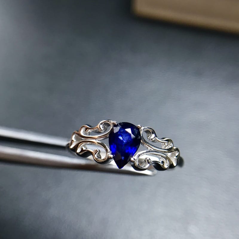 African Sapphire Ring 925 Silver Inlay Color Dark Blue Beautiful