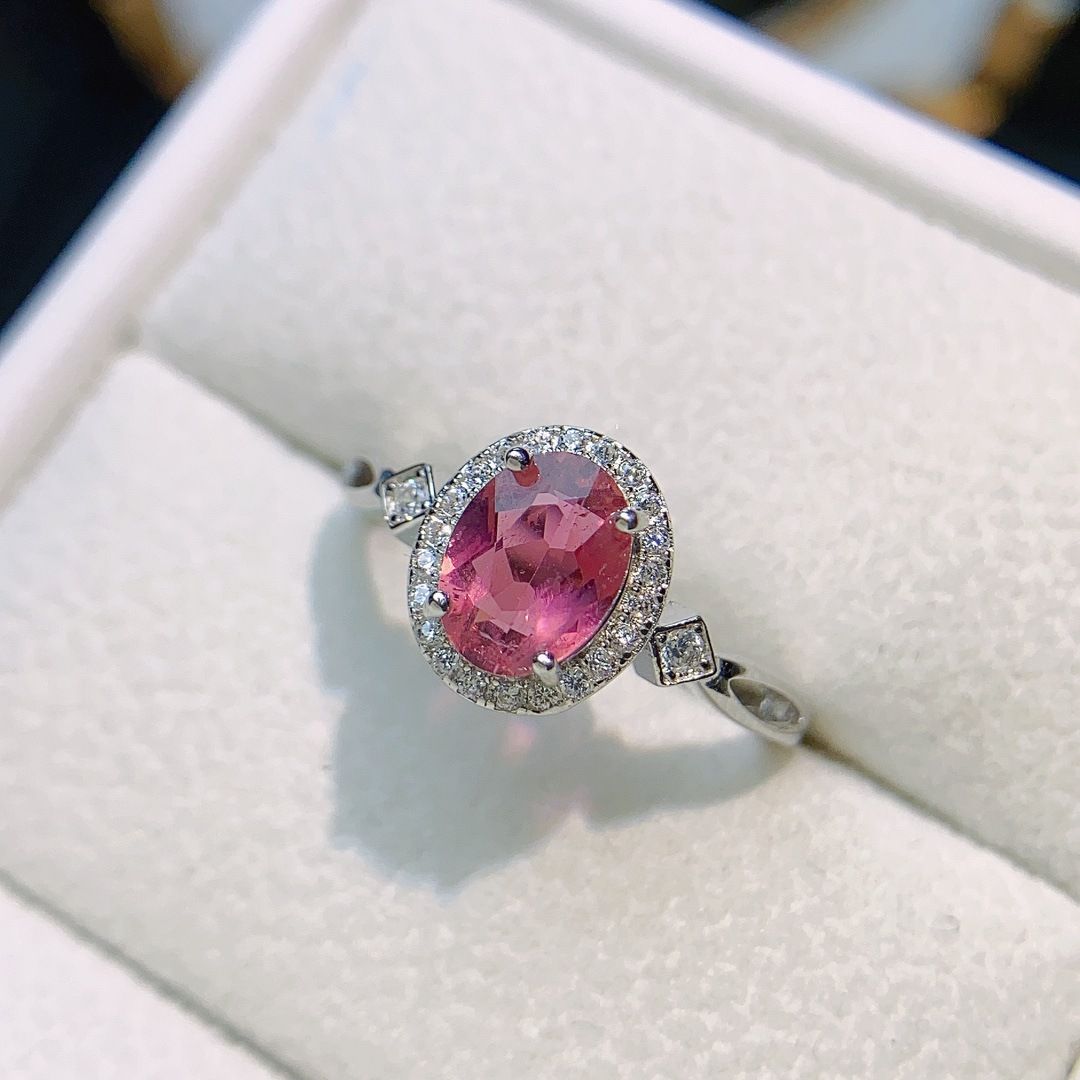 Factory wholesale explosions natural tourmaline ring S925 silver inlaid main stone 6*8 selling Europe and the United States a generation of hair