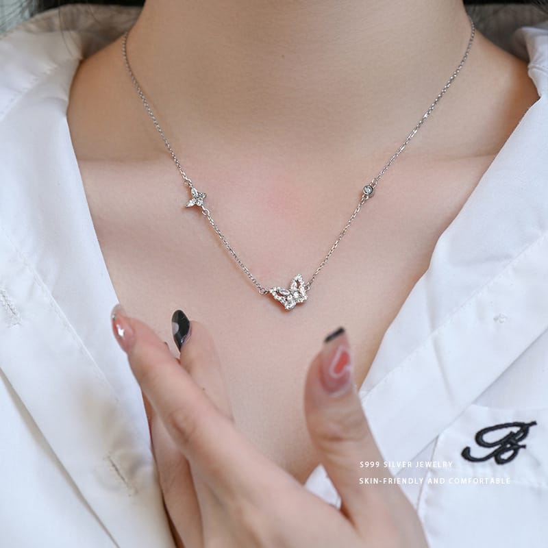 S999足银满钻蝴蝶项链超闪小众设计感新款爆款轻奢高级感女