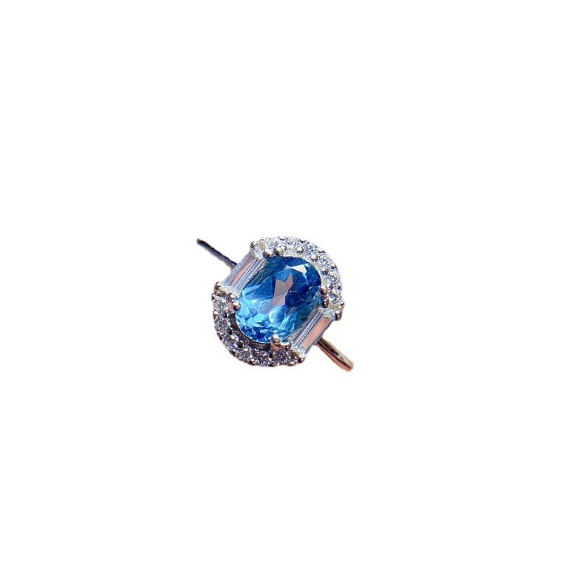 Europe and the United States fresh 925 silver natural Swiss Blue Topaz female ring 5*7mm live exquisite live