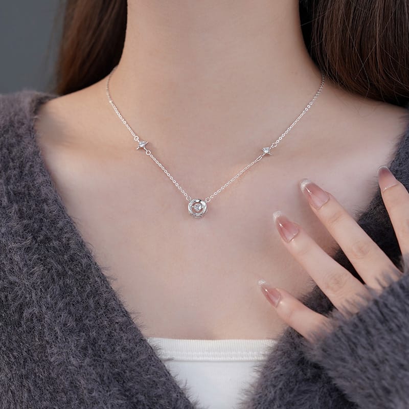 Po S999 Silver Love Ring Necklace Women's Advanced Sense Smart Fresh Temperament All-match Clavicle Chain for Hair