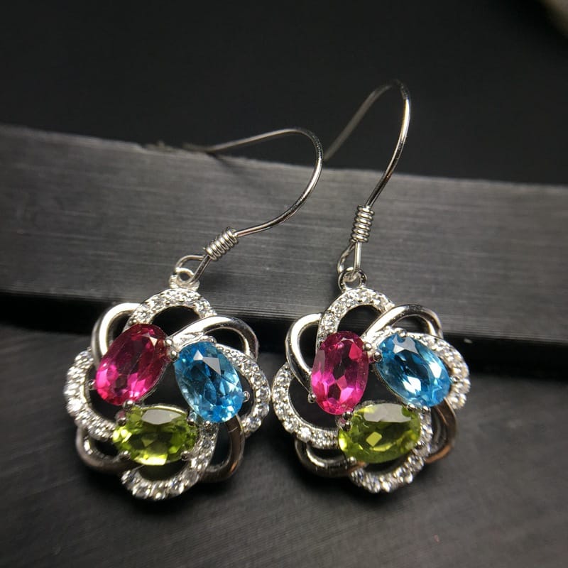 Natural color treasure earrings Europe and the United States exaggerated Topa olivine 925 silver inlay wholesale goods